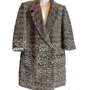 Vintage Ruffian Black White Tweed Wool 3/4 Sleeve Jacket Silk College Lined
